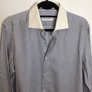 Robert Graham Blue Black Striped White Cuff and collar Long Sleeve Shirt Mens S